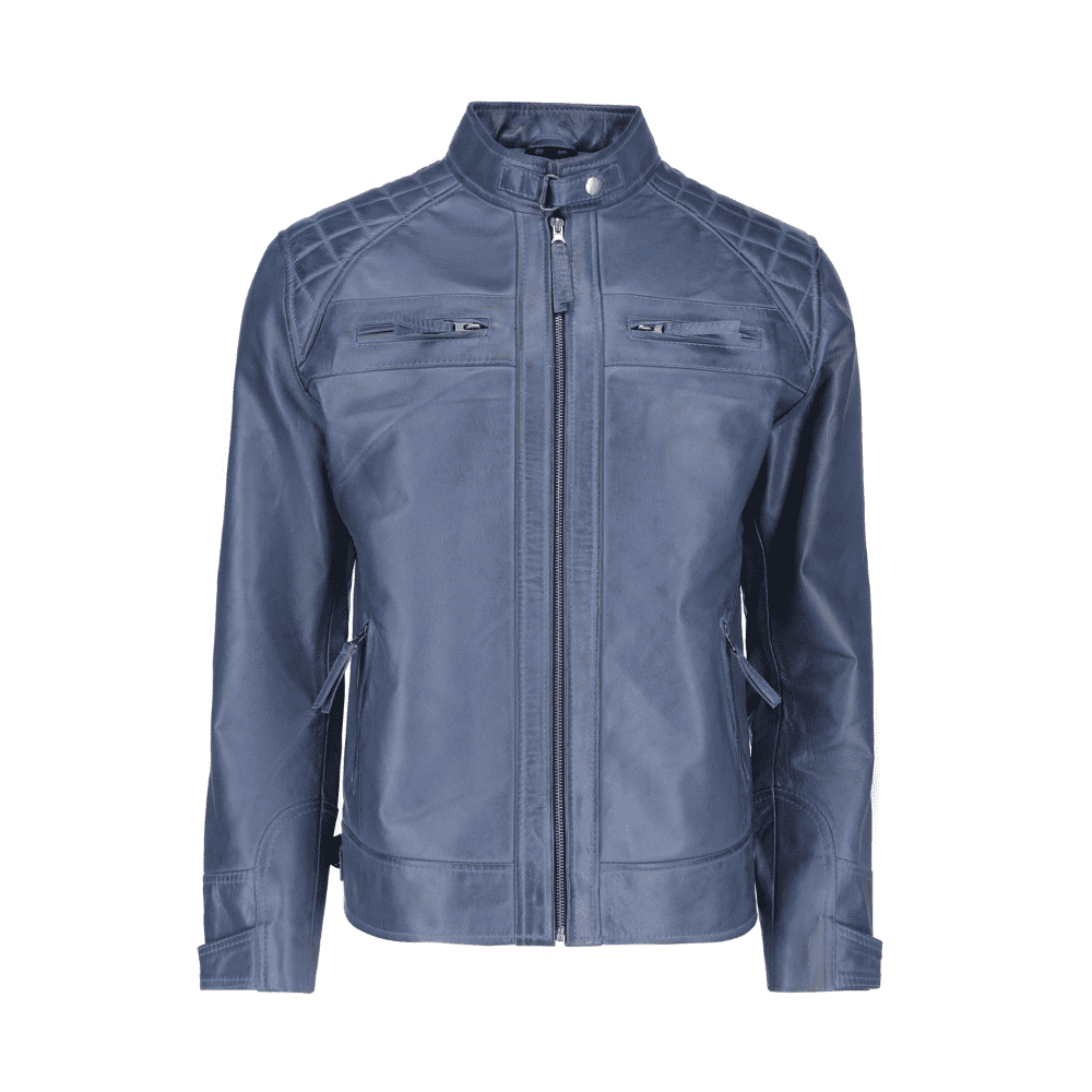 Mens Leather Blue Wax Cafe Racer Biker Jacket (2)