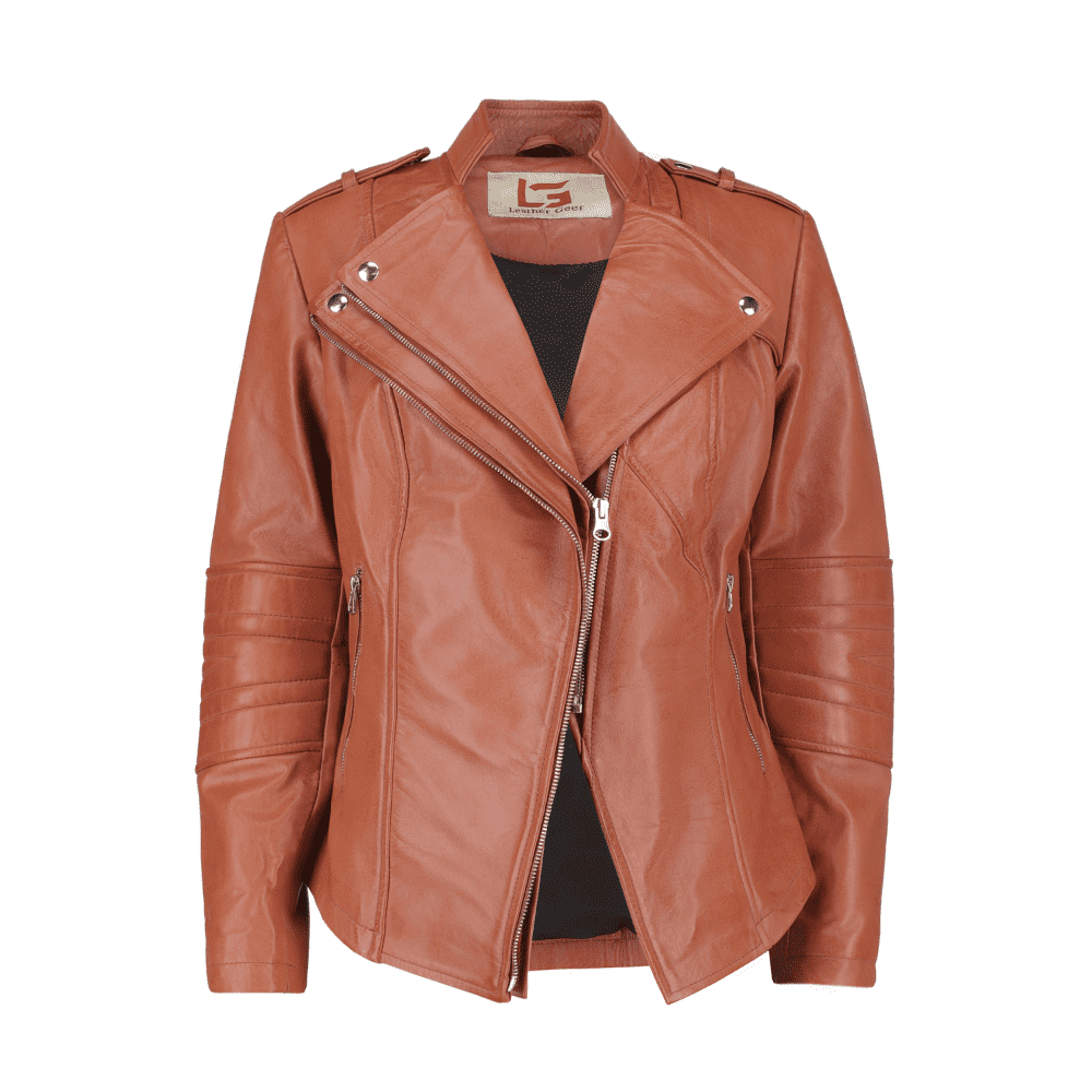 Womens Tan Asymmetrical Cafe Racer Jacket (2)